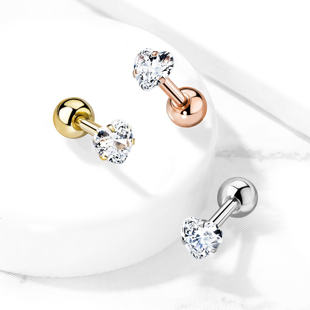 16 Gauge Prong Set Crystal Heart Cartilage / Tragus Stud
