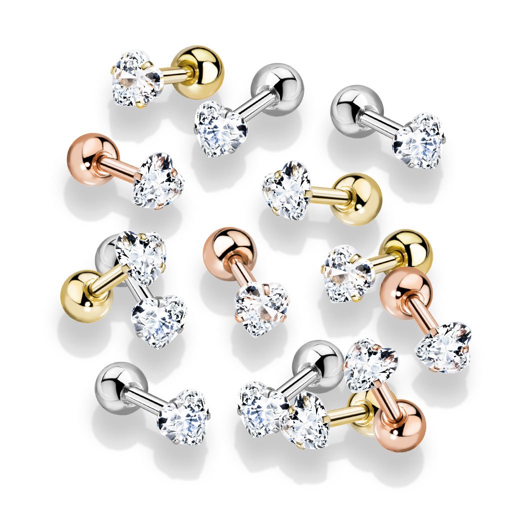 16 Gauge Prong Set Crystal Heart Cartilage / Tragus Stud