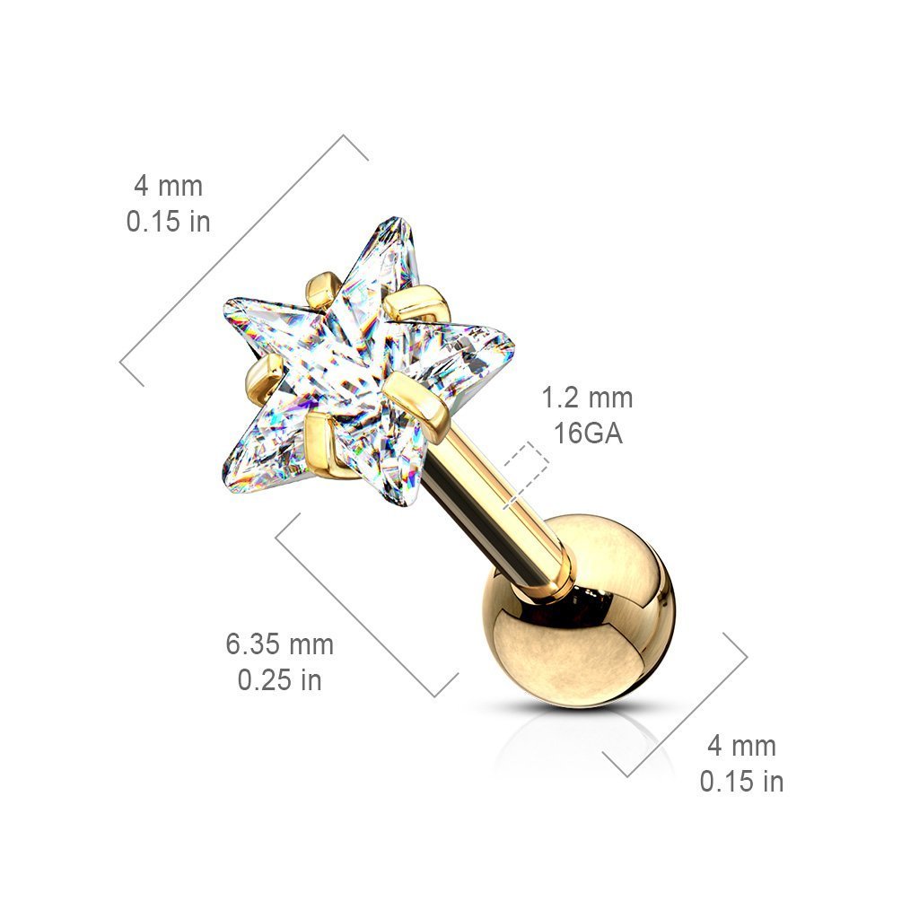 16 Gauge Prong Set Crystal Star Cartilage / Tragus Stud
