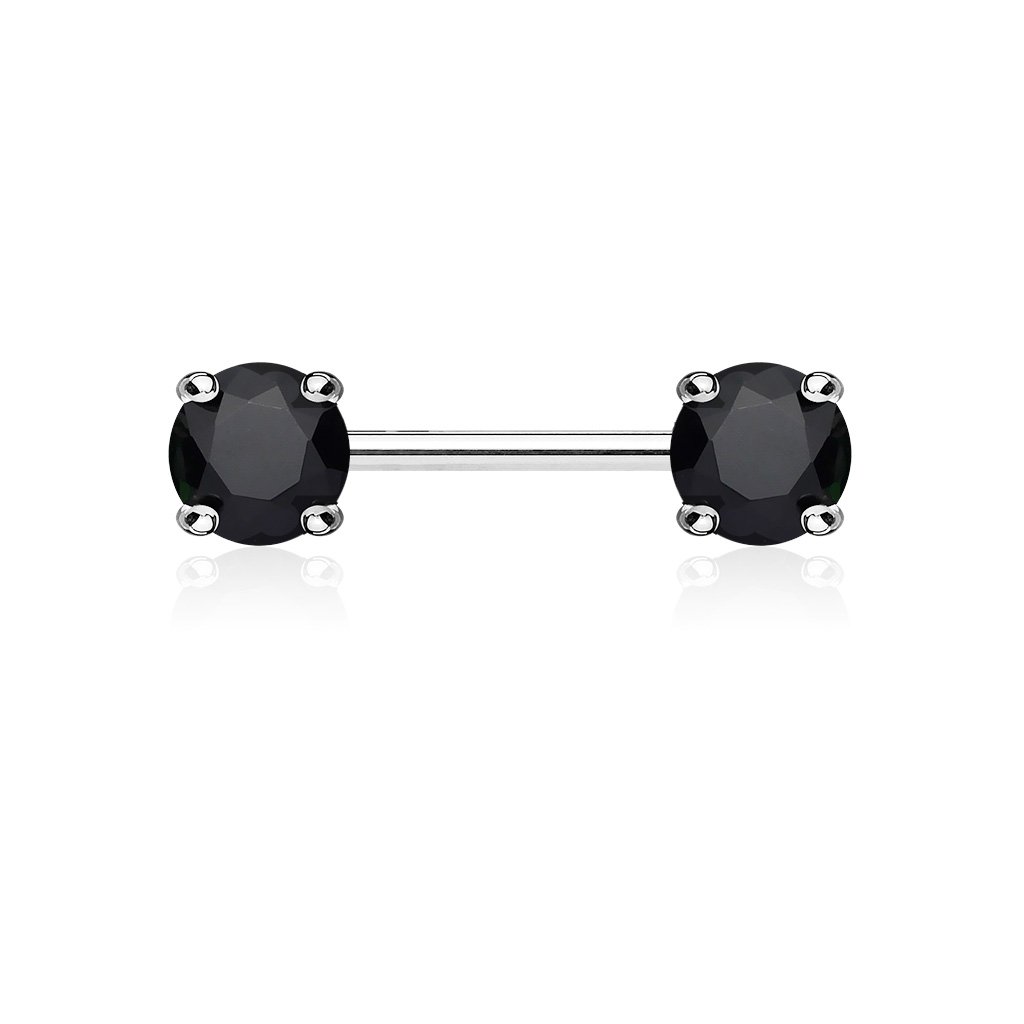 Prong Set Double Crystal Barbell Nipple Ring - Black