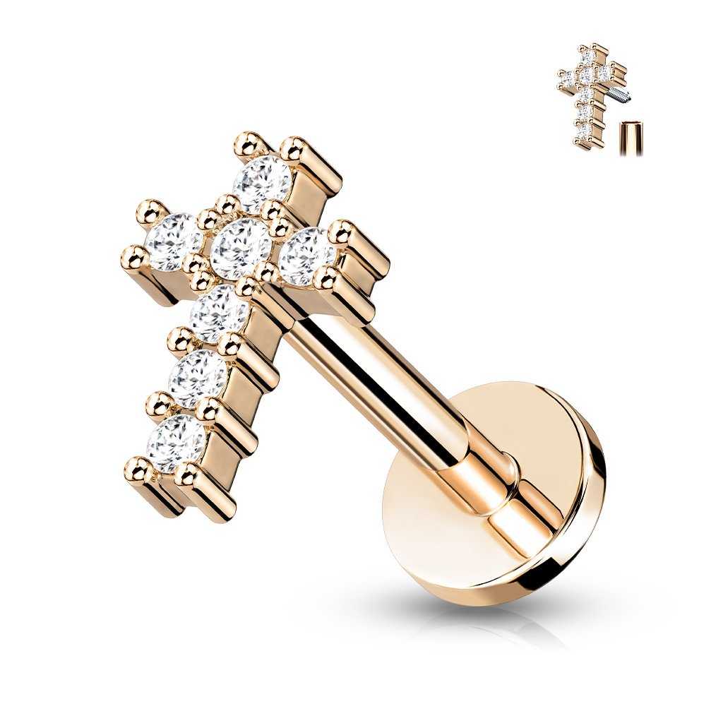 16 Gauge Internally Threaded Crystal Cross Flat Back Stud