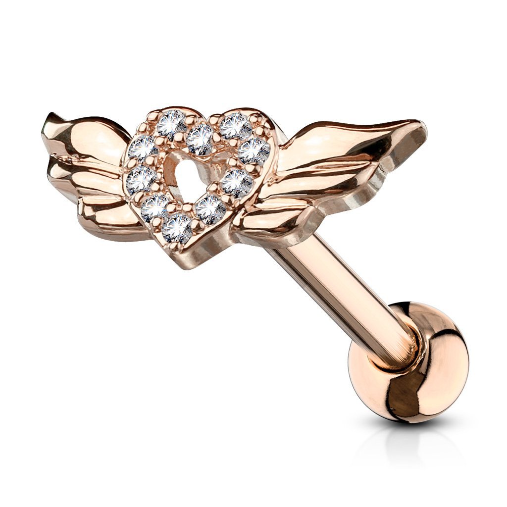 16 Gauge Crystal Heart & Wings Cartilage / Tragus Stud