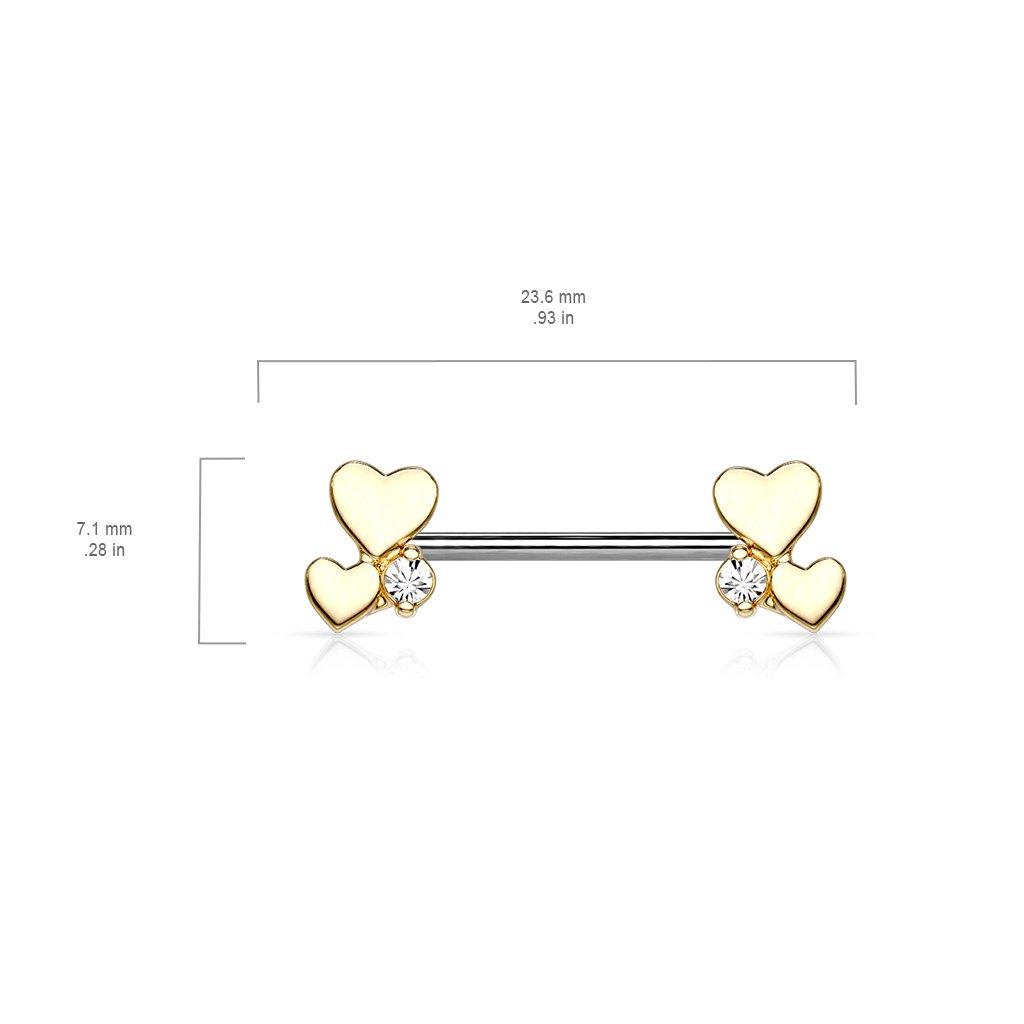 14 Gauge Rose Gold Dainty Hearts Barbell Nipple Ring