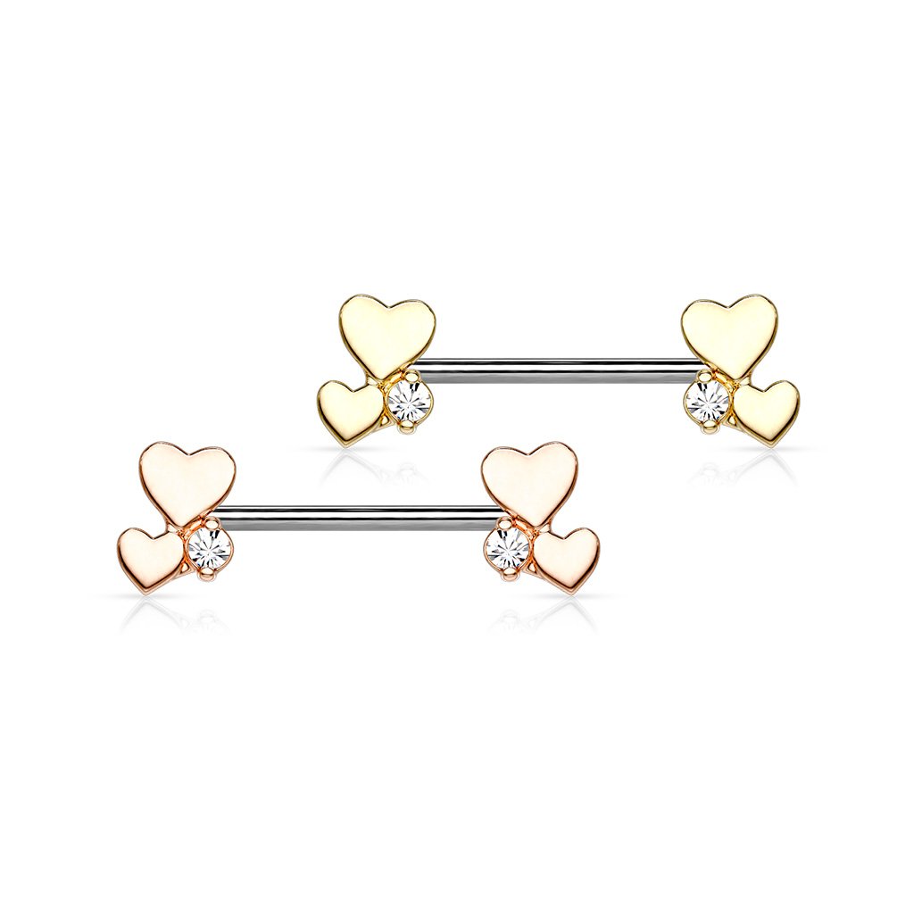 14 Gauge Rose Gold Dainty Hearts Barbell Nipple Ring