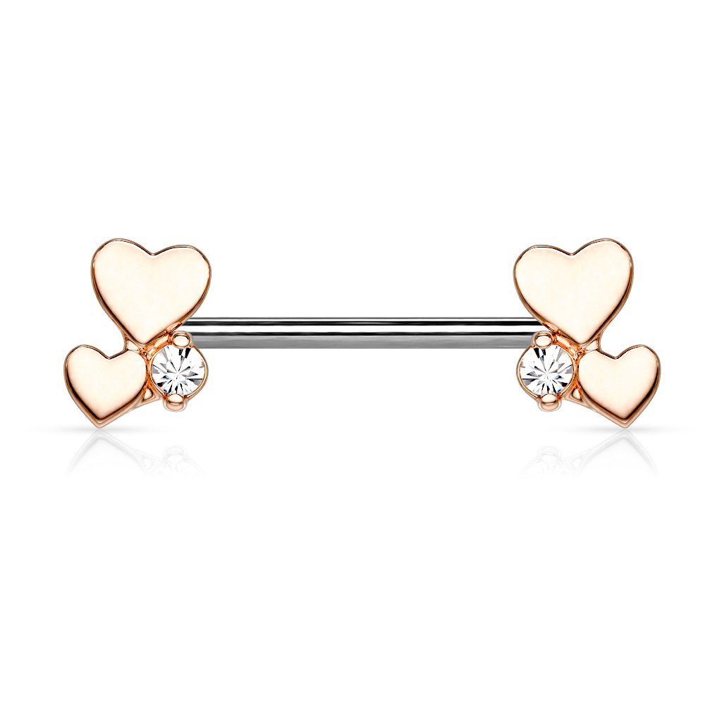 14 Gauge Rose Gold Dainty Hearts Barbell Nipple Ring
