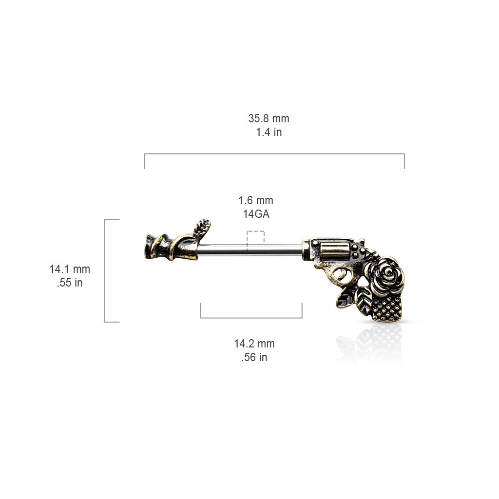 14 Gauge Rose & Revolver Nipple Ring