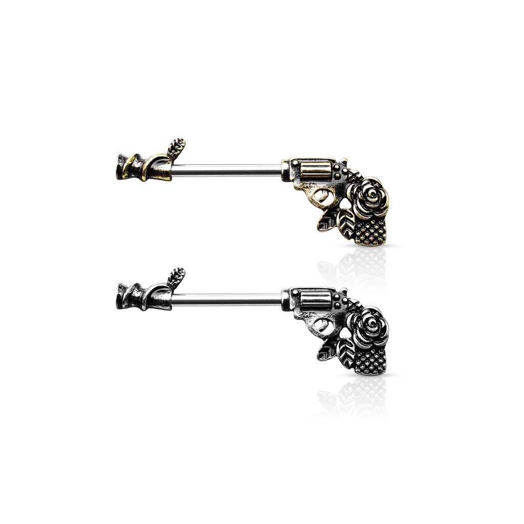 14 Gauge Rose & Revolver Nipple Ring