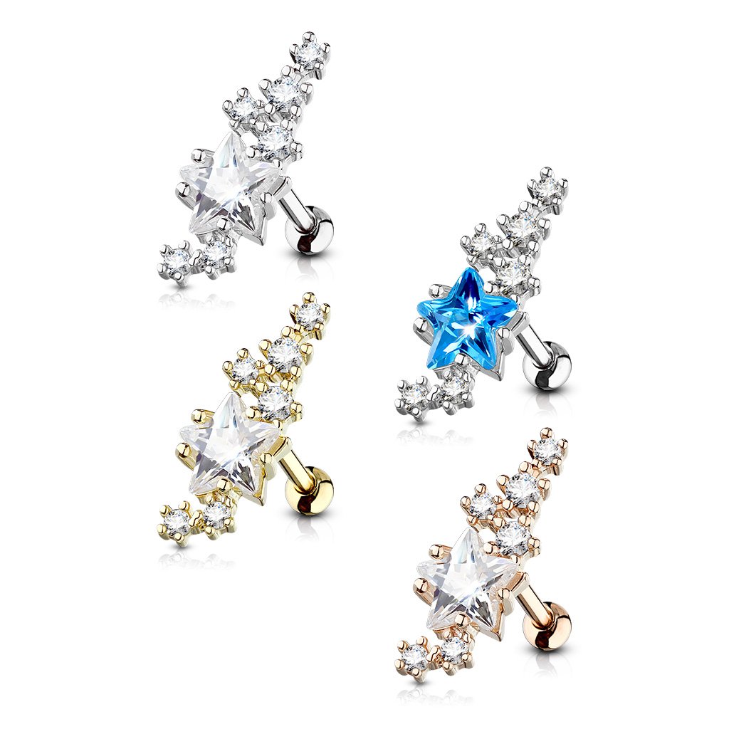 16 Gauge Shooting Stars Crystal Cartilage / Tragus Stud