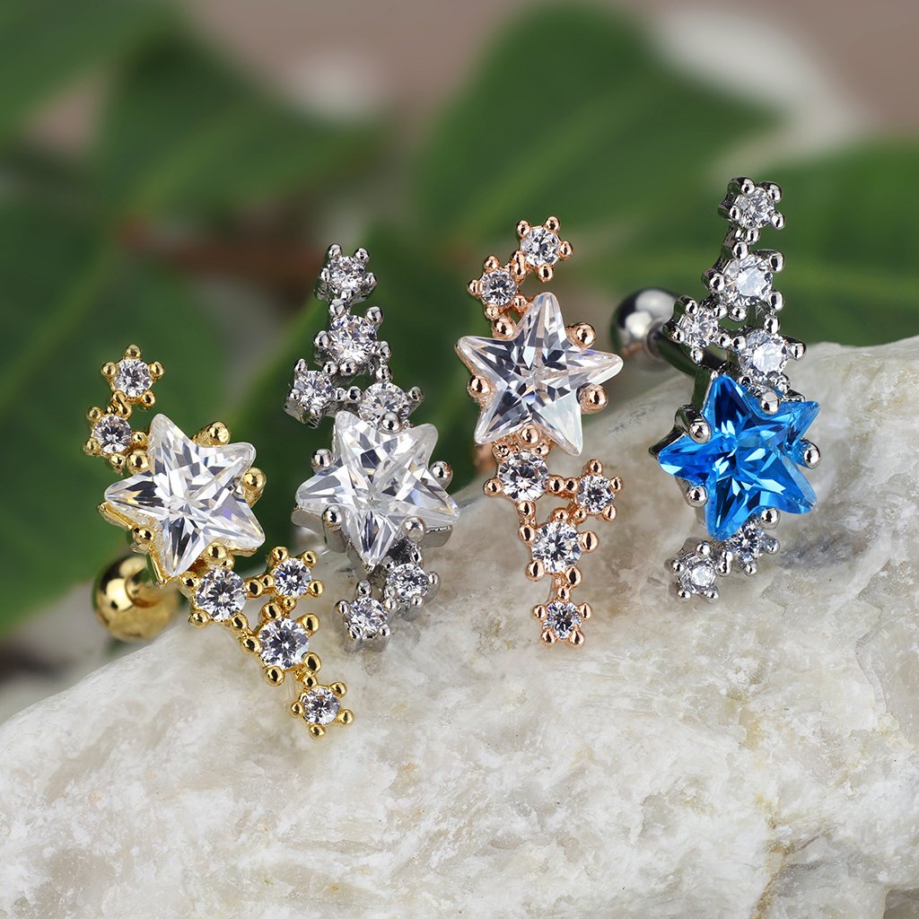 16 Gauge Shooting Stars Crystal Cartilage / Tragus Stud
