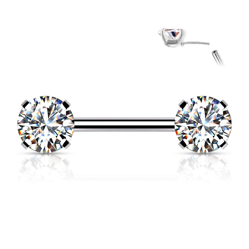 14 Gauge Prong Set Crystal Barbell Nipple Ring