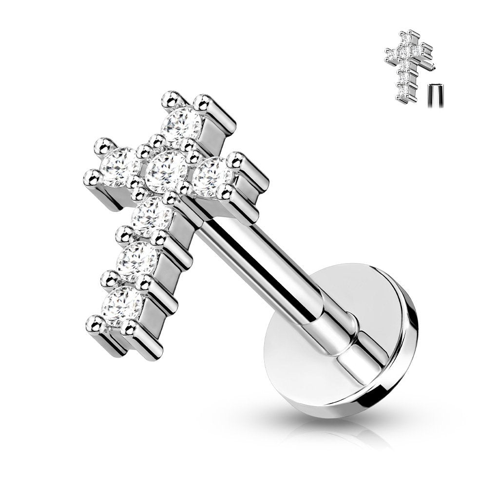 16 Gauge Internally Threaded Crystal Cross Flat Back Stud