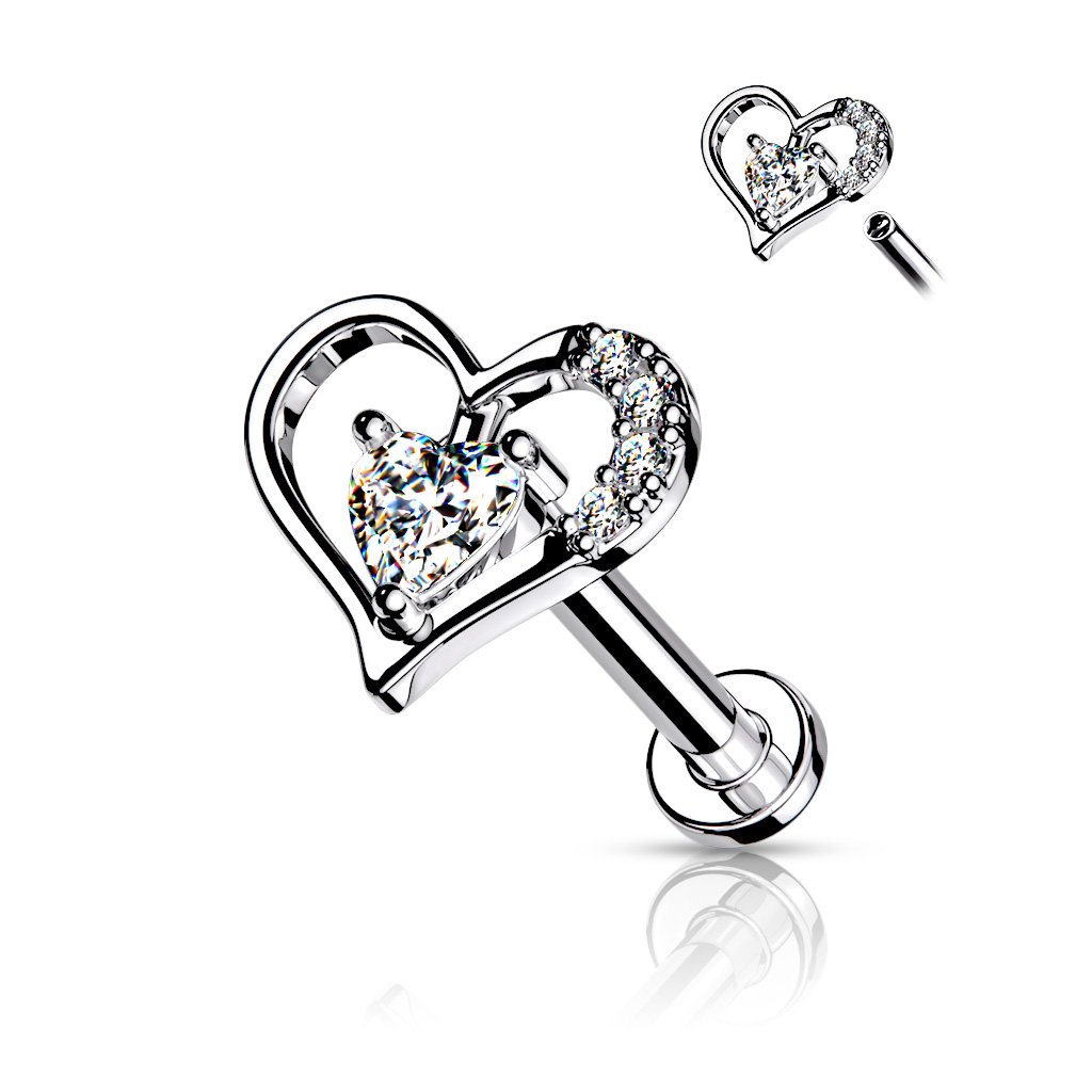 16 Gauge Internally Threaded Flat Back Crystal Heart Stud