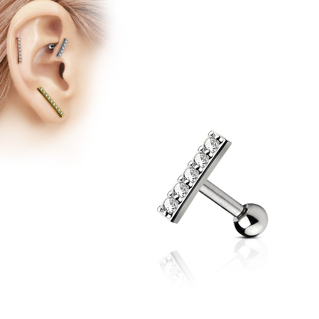 16 Gauge Crystal Lined Long Bar Cartilage / Tragus Barbell Stud