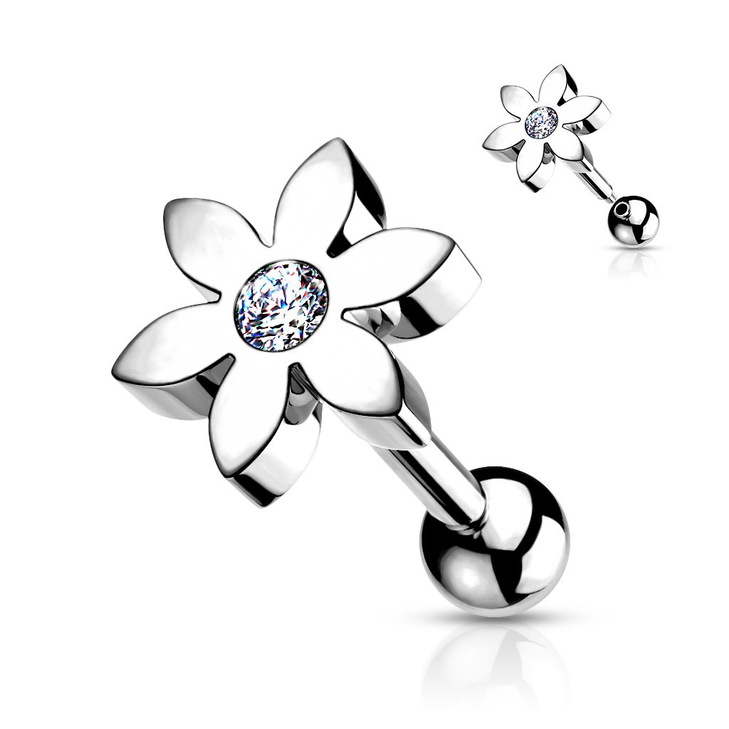 16 Gauge 5 Petal Crystal Flower Cartilage / Tragus Stud