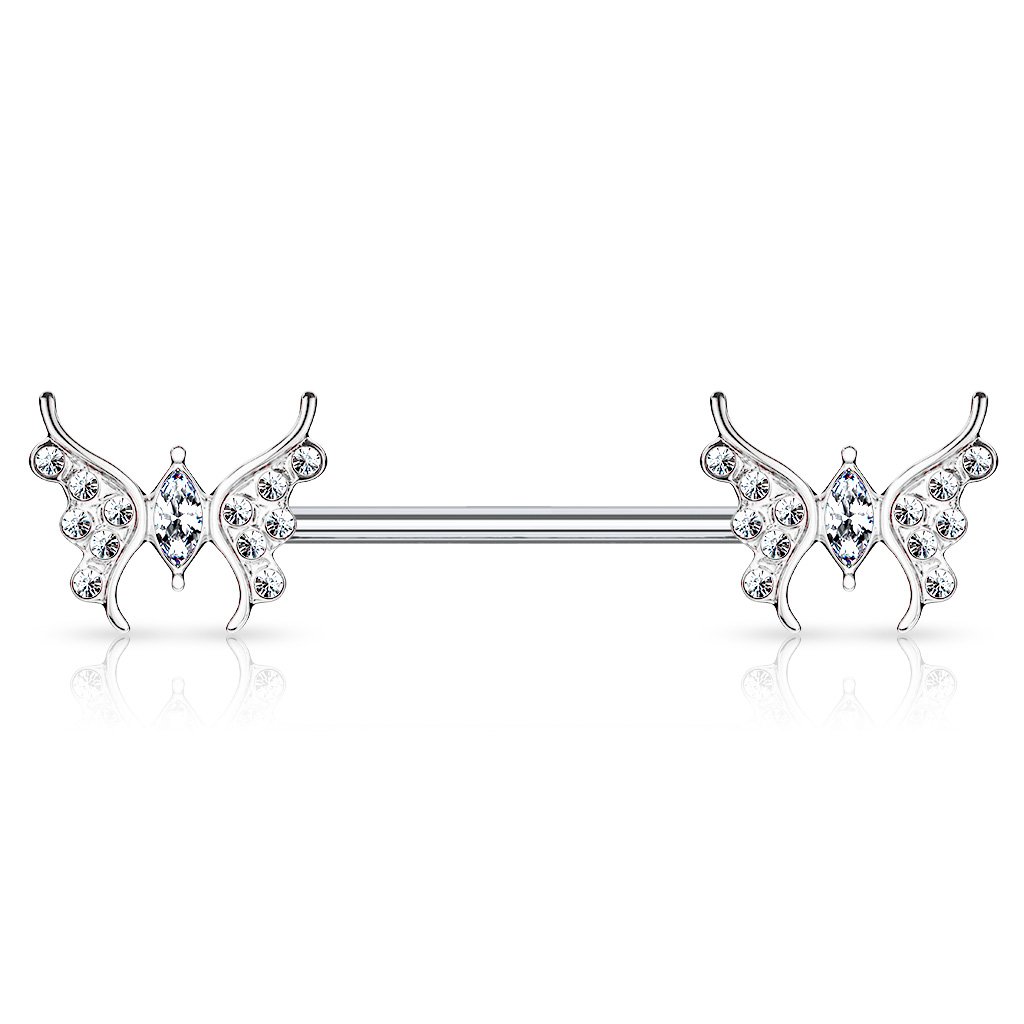 14 Gauge Crystal Butterfly Barbell Nipple Ring - Gold / Silver