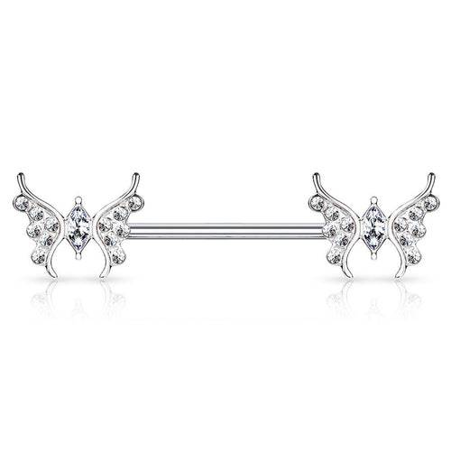 14 Gauge Crystal Butterfly Barbell Nipple Ring - Gold / Silver