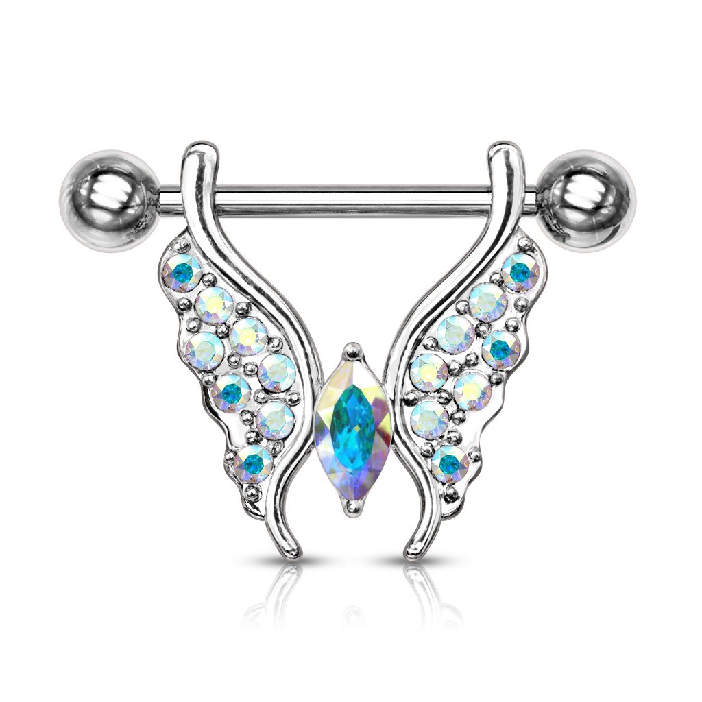Crystal Paved Butterfly Barbell Nipple Ring