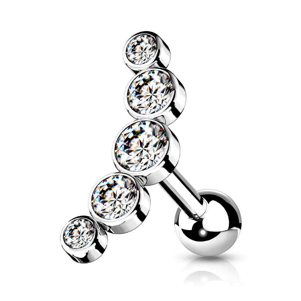 16 Gauge Five Gem Curved Cartilage / Tragus Stud