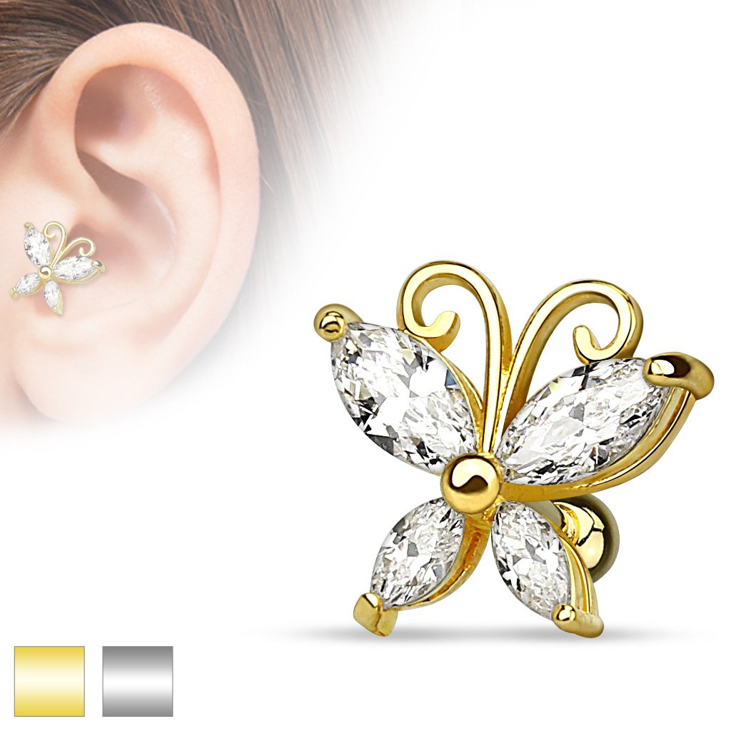 16 Gauge Silver / Gold Crystal Butterfly Cartilage / Tragus Barbell Stud