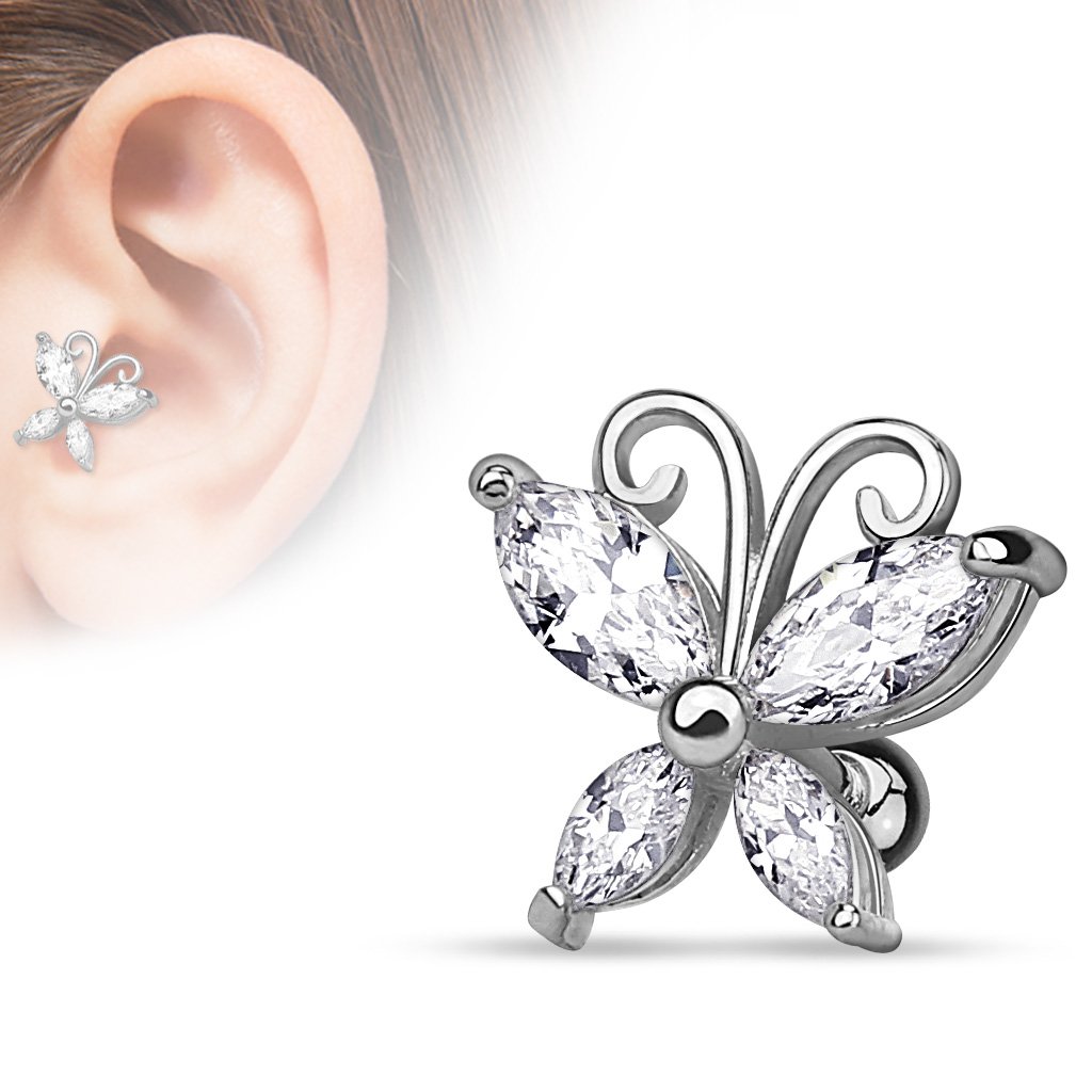 16 Gauge Silver / Gold Crystal Butterfly Cartilage / Tragus Barbell Stud