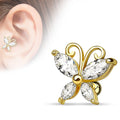 16 Gauge Silver / Gold Crystal Butterfly Cartilage / Tragus Barbell Stud