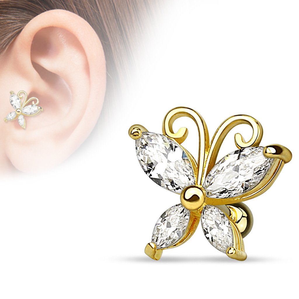 16 Gauge Silver / Gold Crystal Butterfly Cartilage / Tragus Barbell Stud