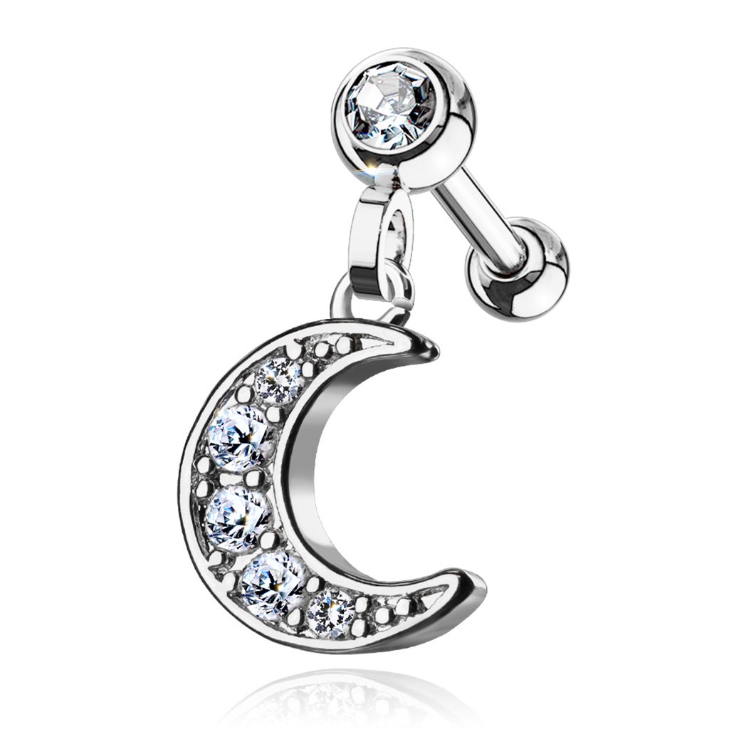 16 Gauge Dangling Moon Cartilage / Tragus Stud Silver