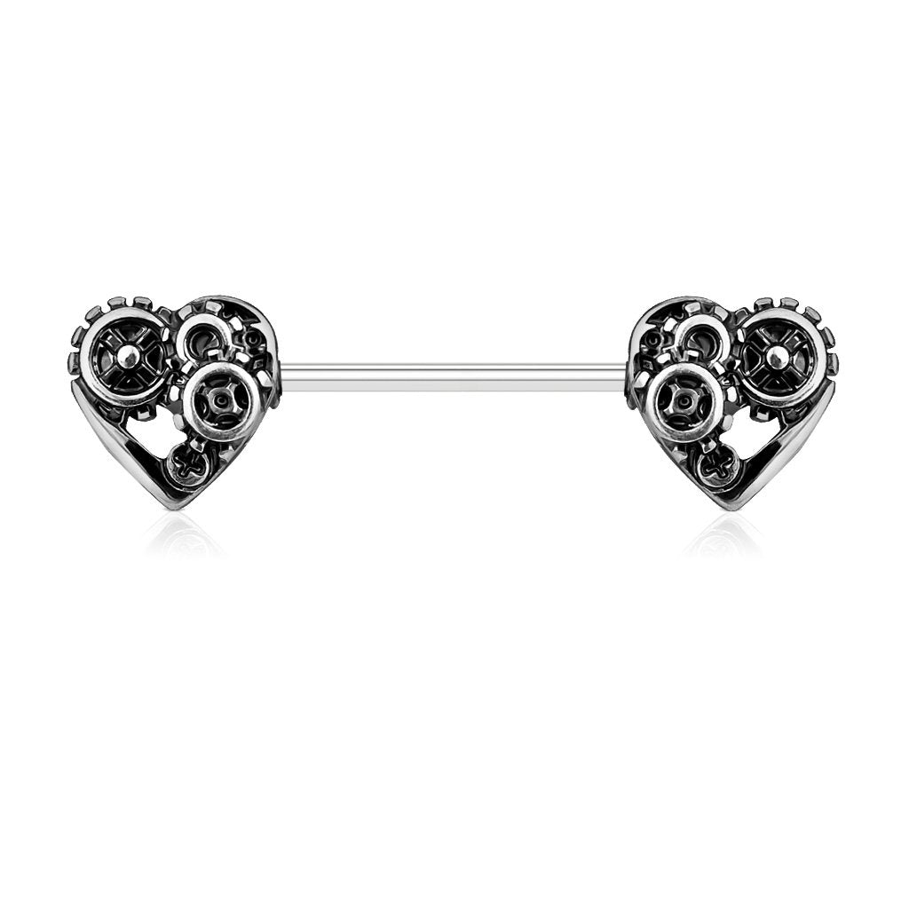 Silver Steam Punk Heart Barbell Nipple Ring