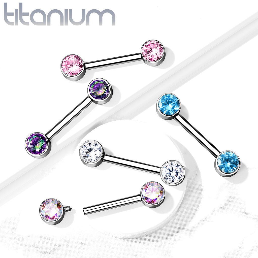 14 Gauge Internally Threaded Titanium Double Gem Nipple Ring