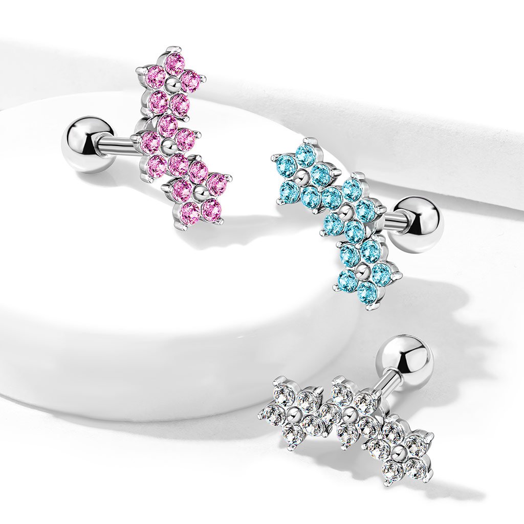 16 Gauge Triple Crystal Flower Cartilage / Tragus Stud