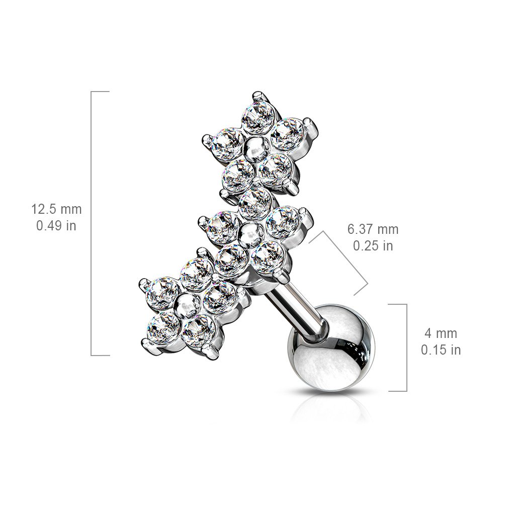16 Gauge Triple Crystal Flower Cartilage / Tragus Stud