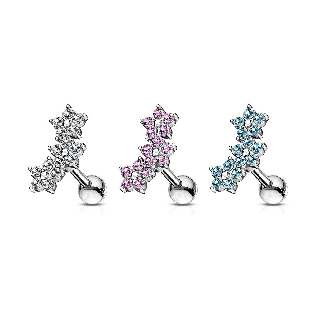 16 Gauge Triple Crystal Flower Cartilage / Tragus Stud