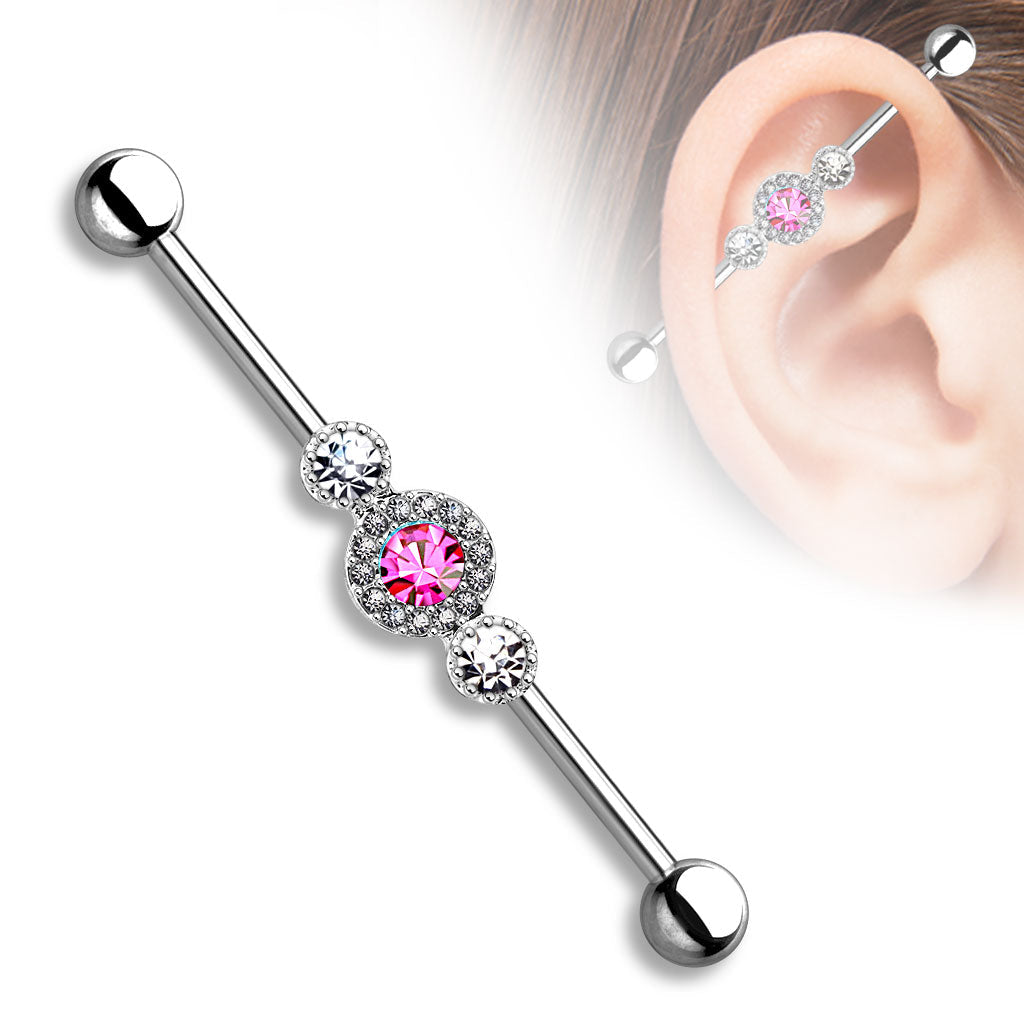 Triple Crystal Industrial Barbell - Silver