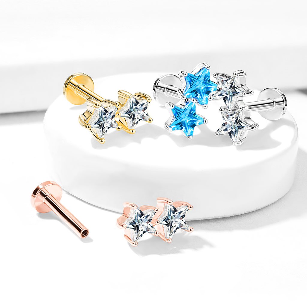 16 Gauge Twin Crystal Star Golden Flat Back Stud