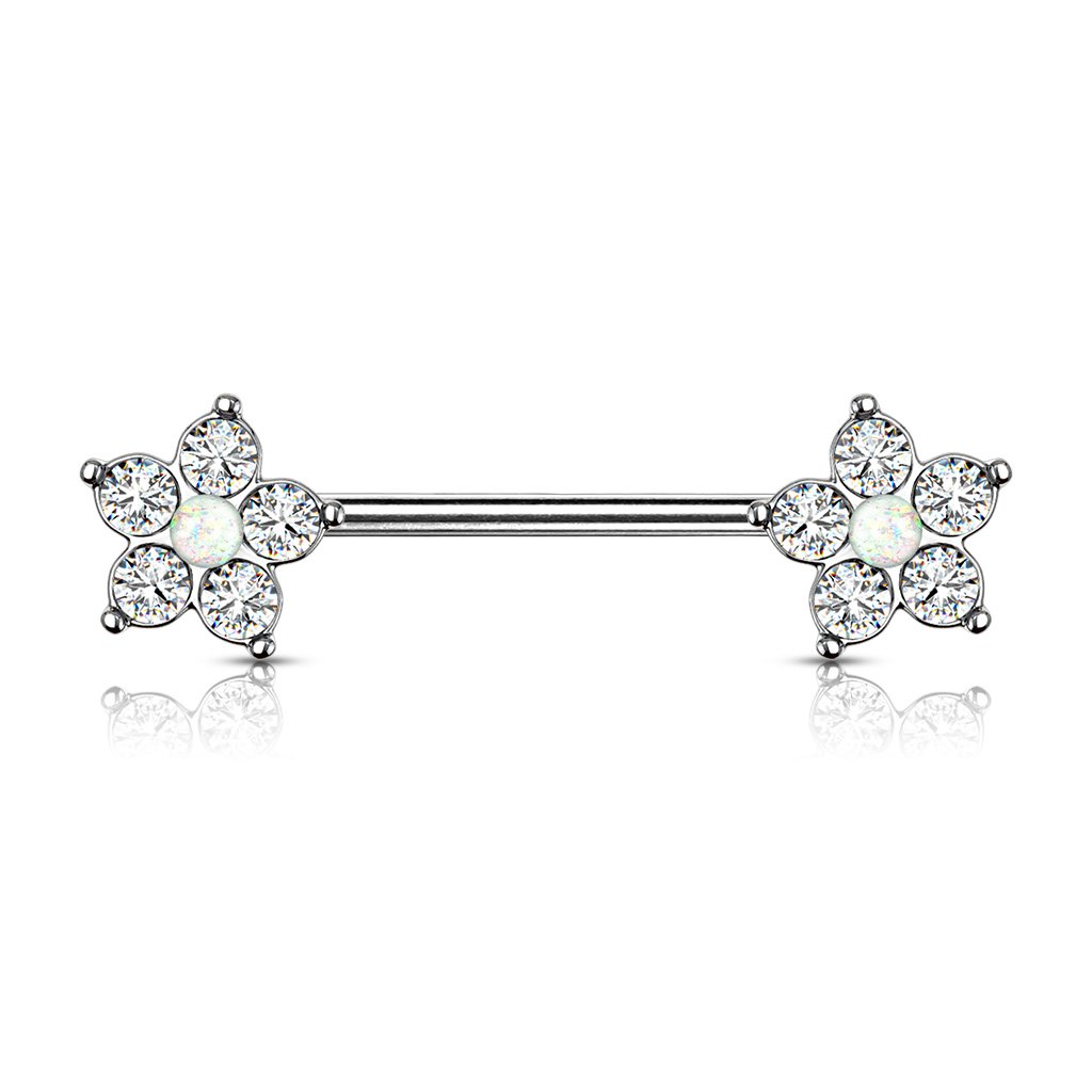 Five Petal Crystal Flower Gemstone Barbell Nipple Ring