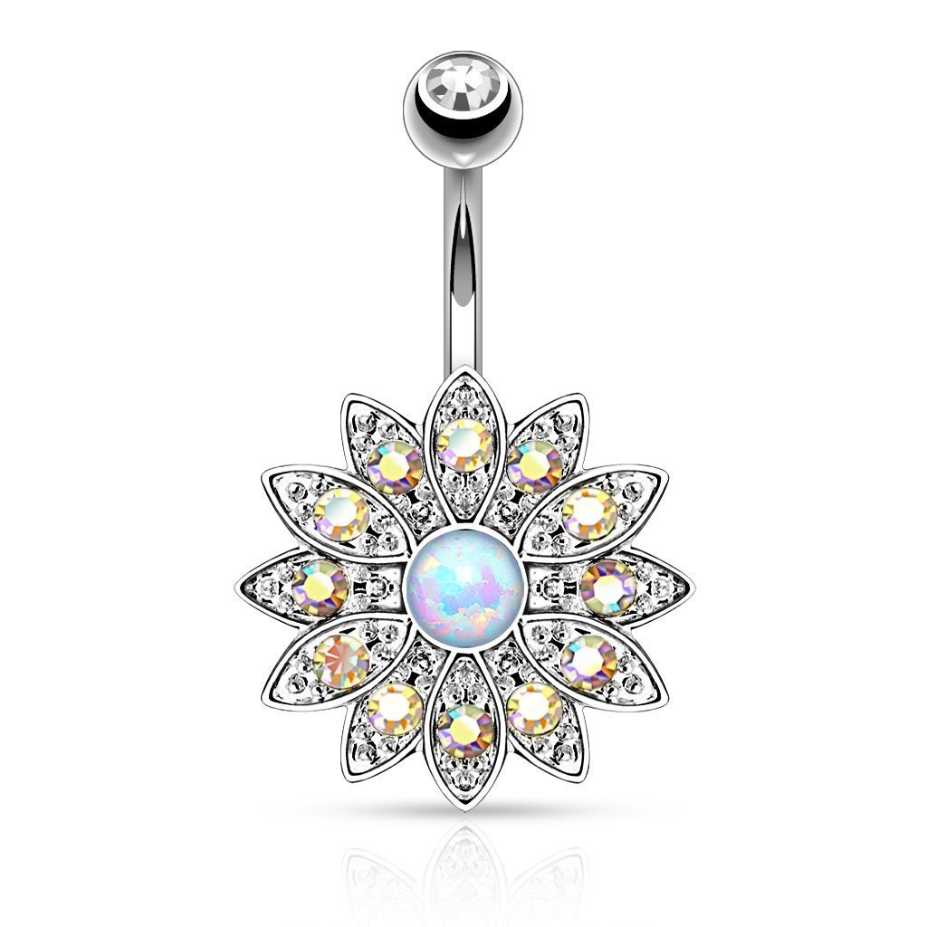 Aurora Flower Crystal Belly Button Ring - Silver