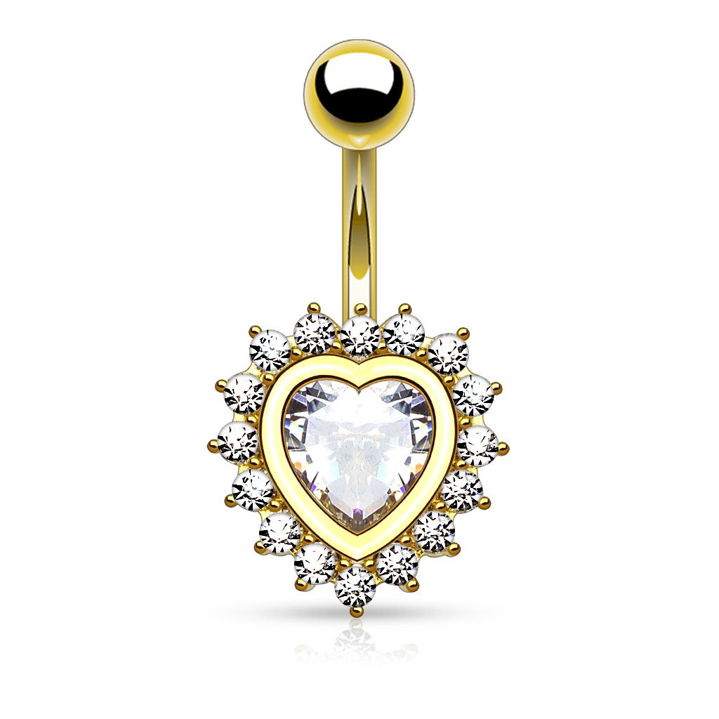 Crystal Centre Heart Belly Button Ring - Gold