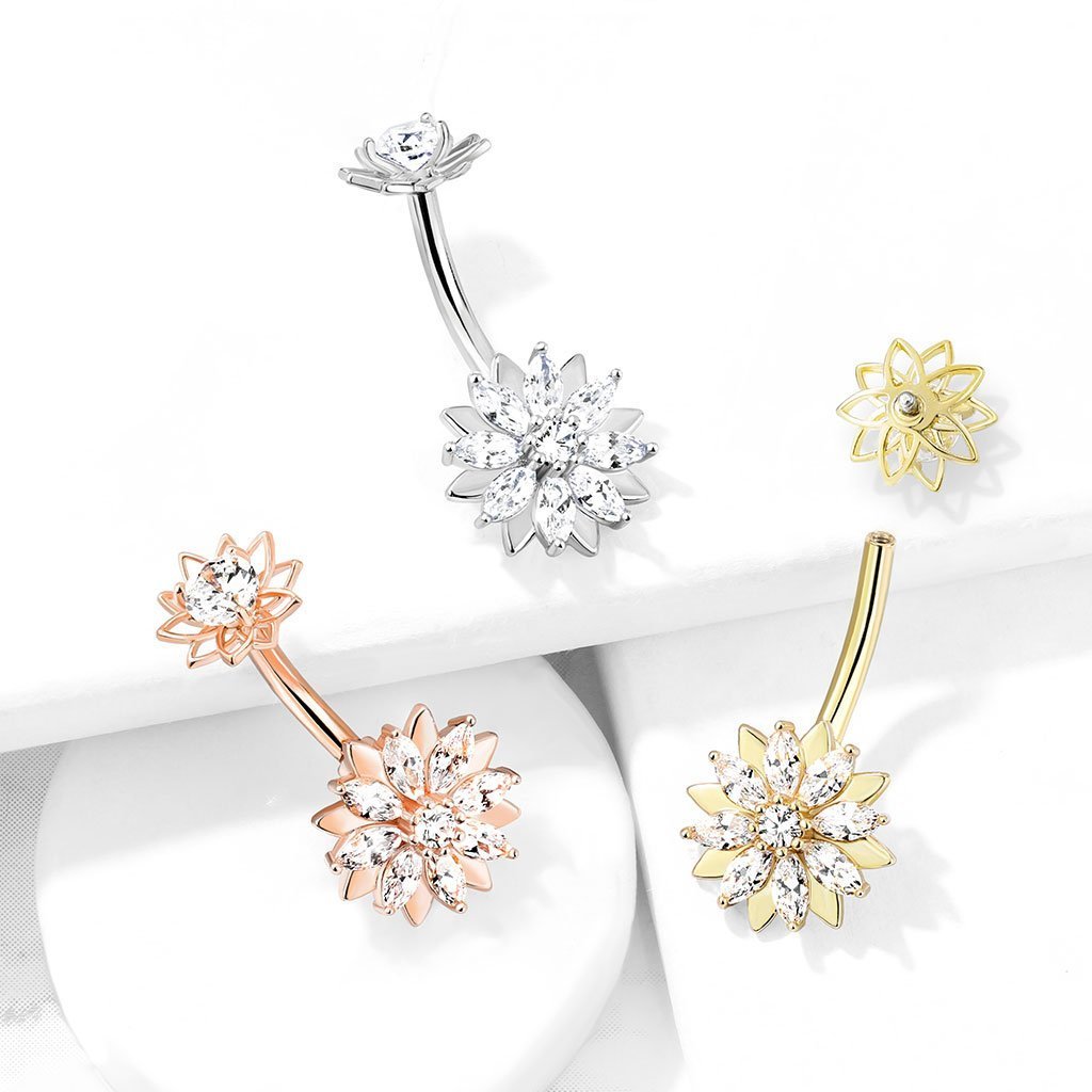 Internally Threaded Crystal Double Flower Belly Button Ring