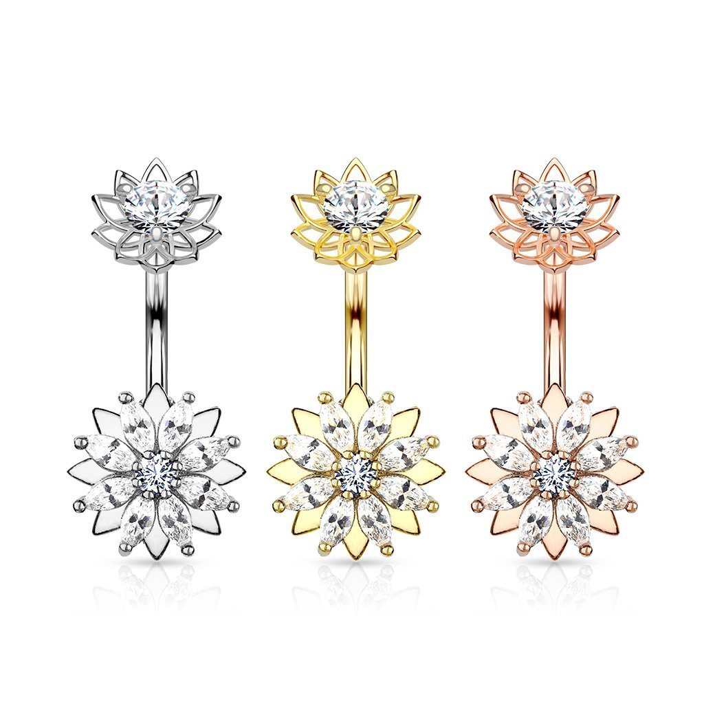 Internally Threaded Crystal Double Flower Belly Button Ring