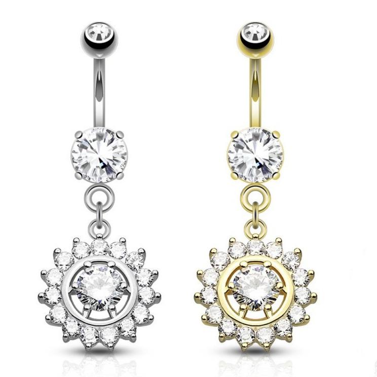 Dangling Crystal Starburst Belly Button Ring - Silver / Gold