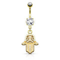 Dangling Gold Crystal Hamsa Hand Belly Bar