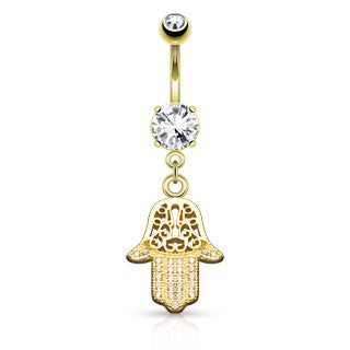 Dangling Gold Crystal Hamsa Hand Belly Bar