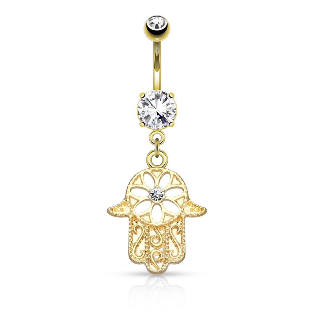 Dangling Gold Hamsa Hand Belly Bar
