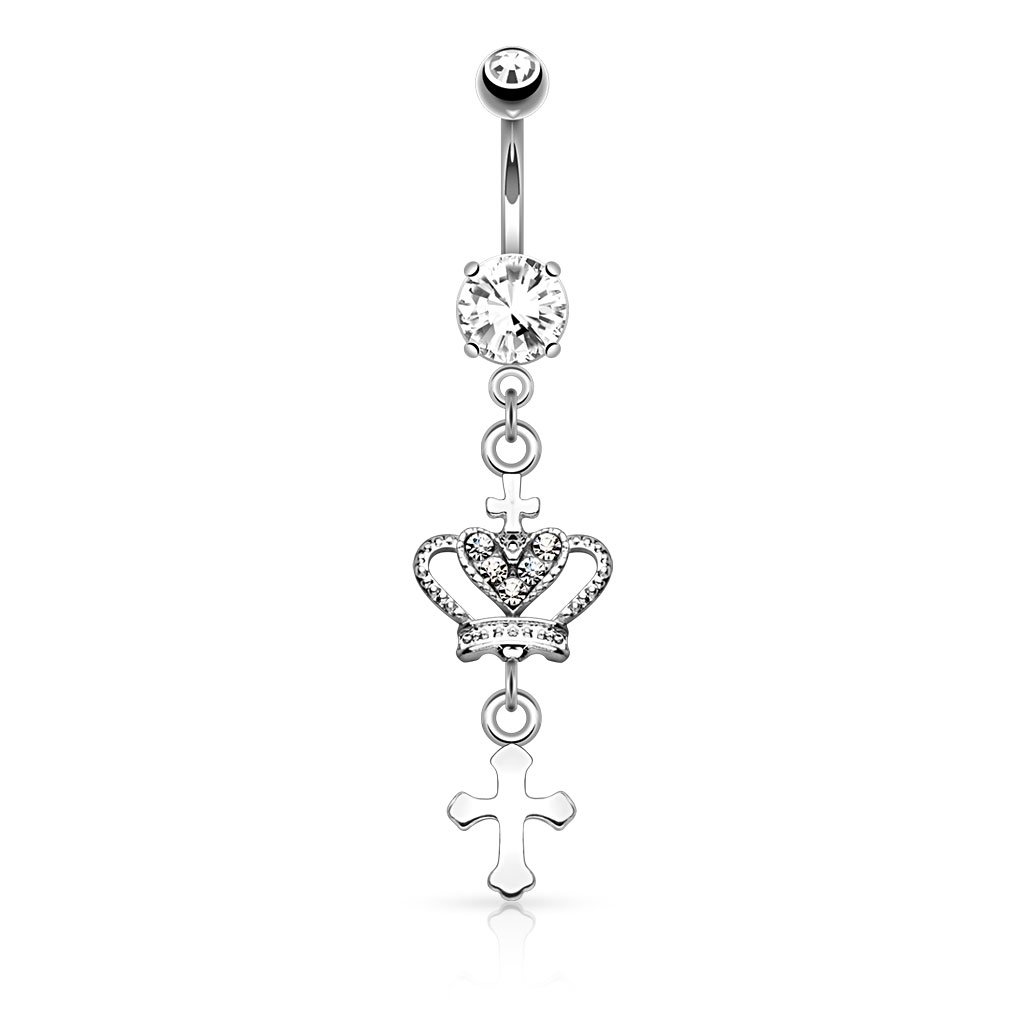 Dangling Silver Crown & Cross Belly Button Ring