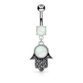 Dangling Silver Opal Hamsa Hand Belly Bar