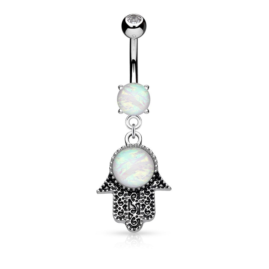 Dangling Silver Opal Hamsa Hand Belly Bar