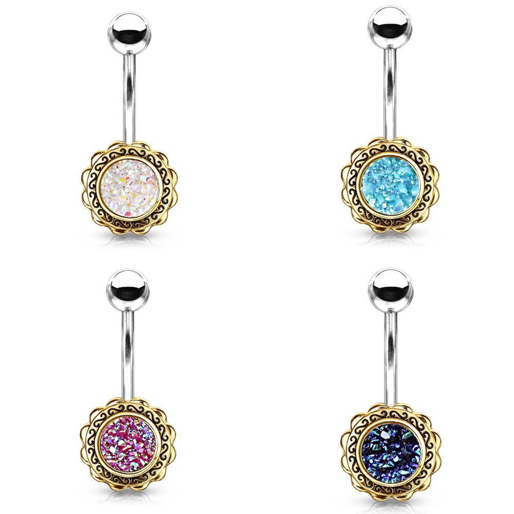 Rose Gold Filigree Flower Druzy Belly Button Ring