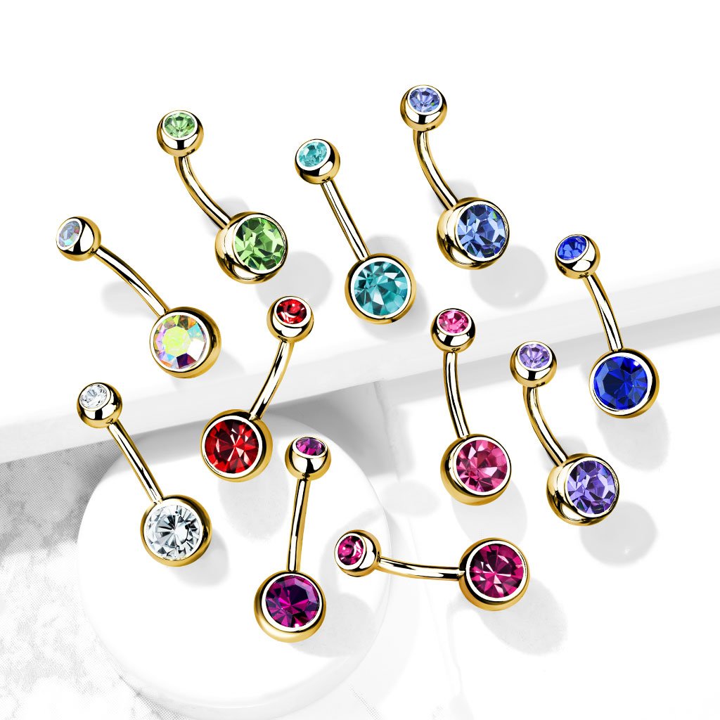 Gold Double Crystal Belly Bar