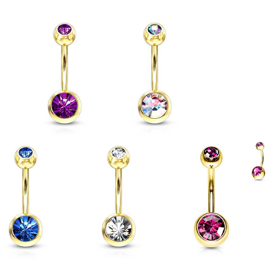 Gold Double Crystal Belly Bar
