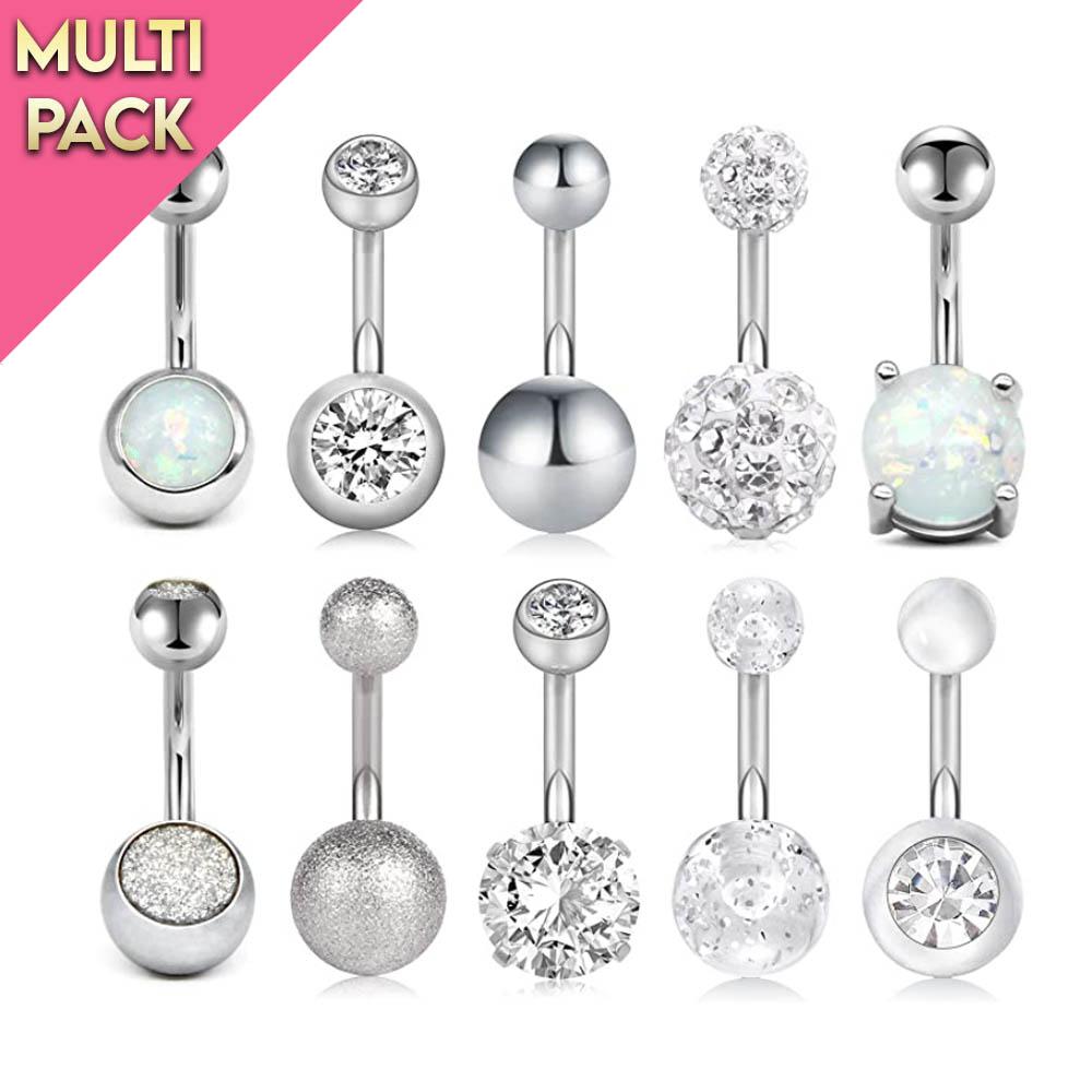 Limited Edition 10 Pack Silver Crystal & Opal Belly Button Rings